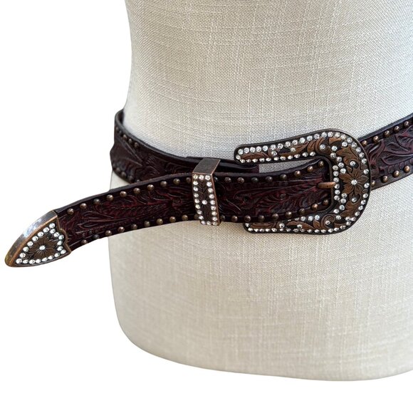 Western Tooled Leather Rhinestone Buckle Belt Brown Studded Small - Picture 1 of 8